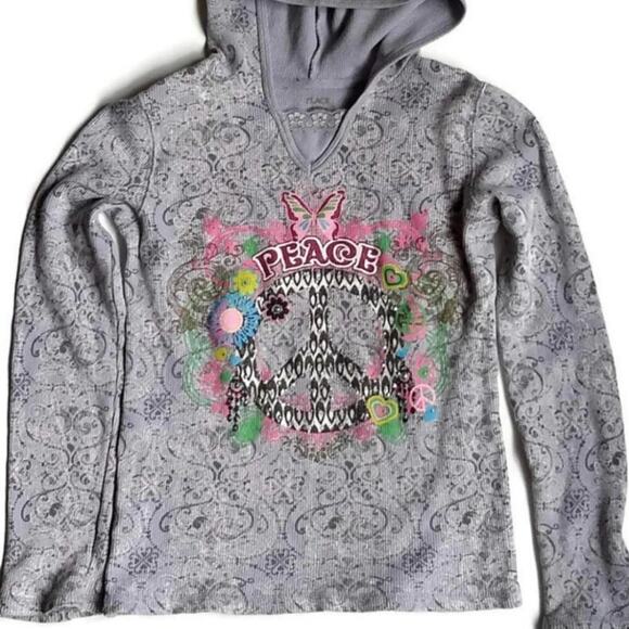 PLACE PREMIUM 89 Girls M (7/8) Gray Graphic Hooded Pullover Sweater Peace Sign - Picture 3 of 6